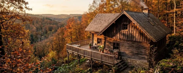 Un chalet en bois avec terrasse niché au cœur d'une forêt ardennaise, baigné par la lumière dorée d'une fin de journée d'automne