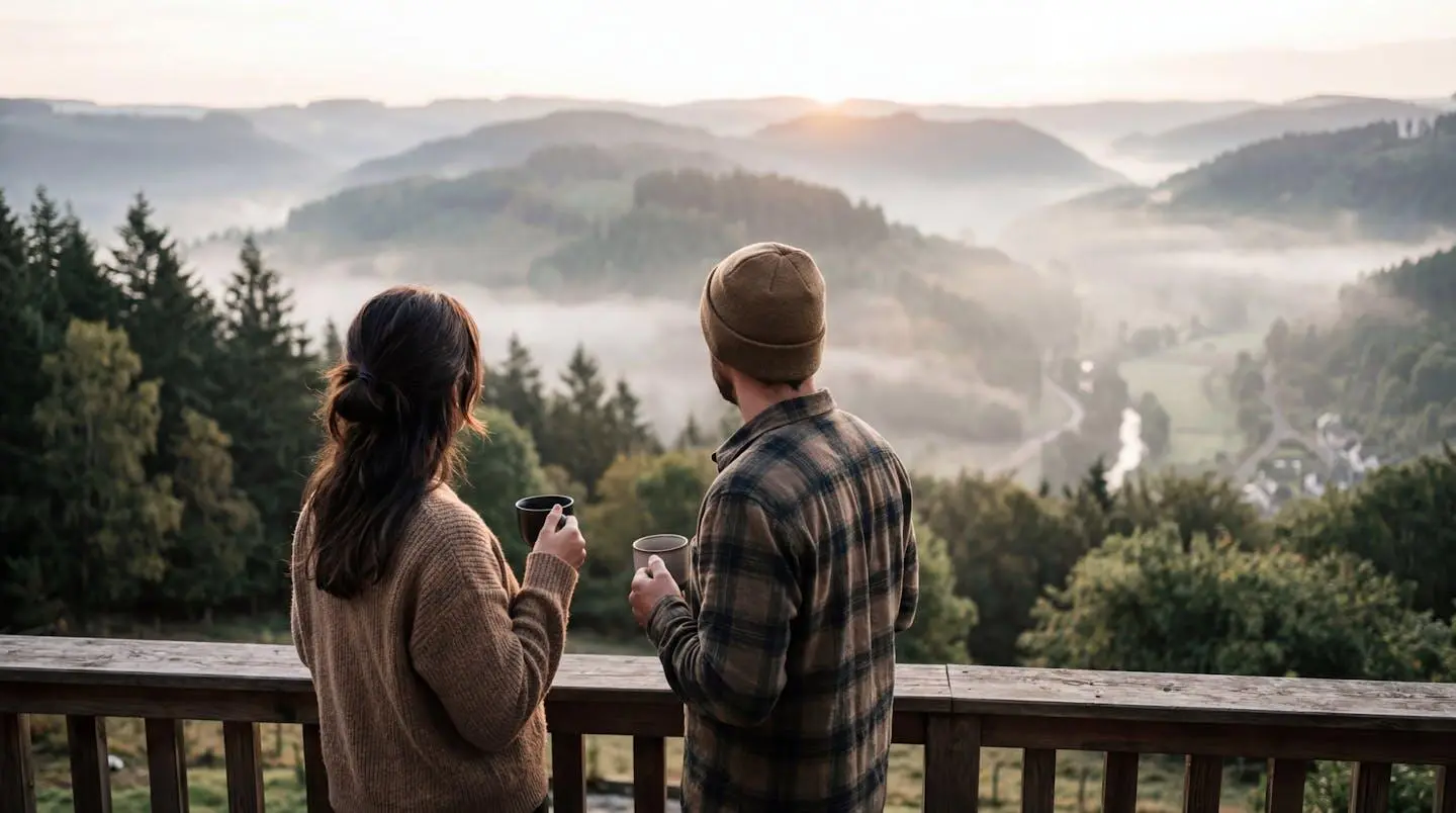 Un couple vu de dos contemple un paysage vallonné ardennais depuis une terrasse en bois, tasses de café à la main, brume matinale en arrière-plan