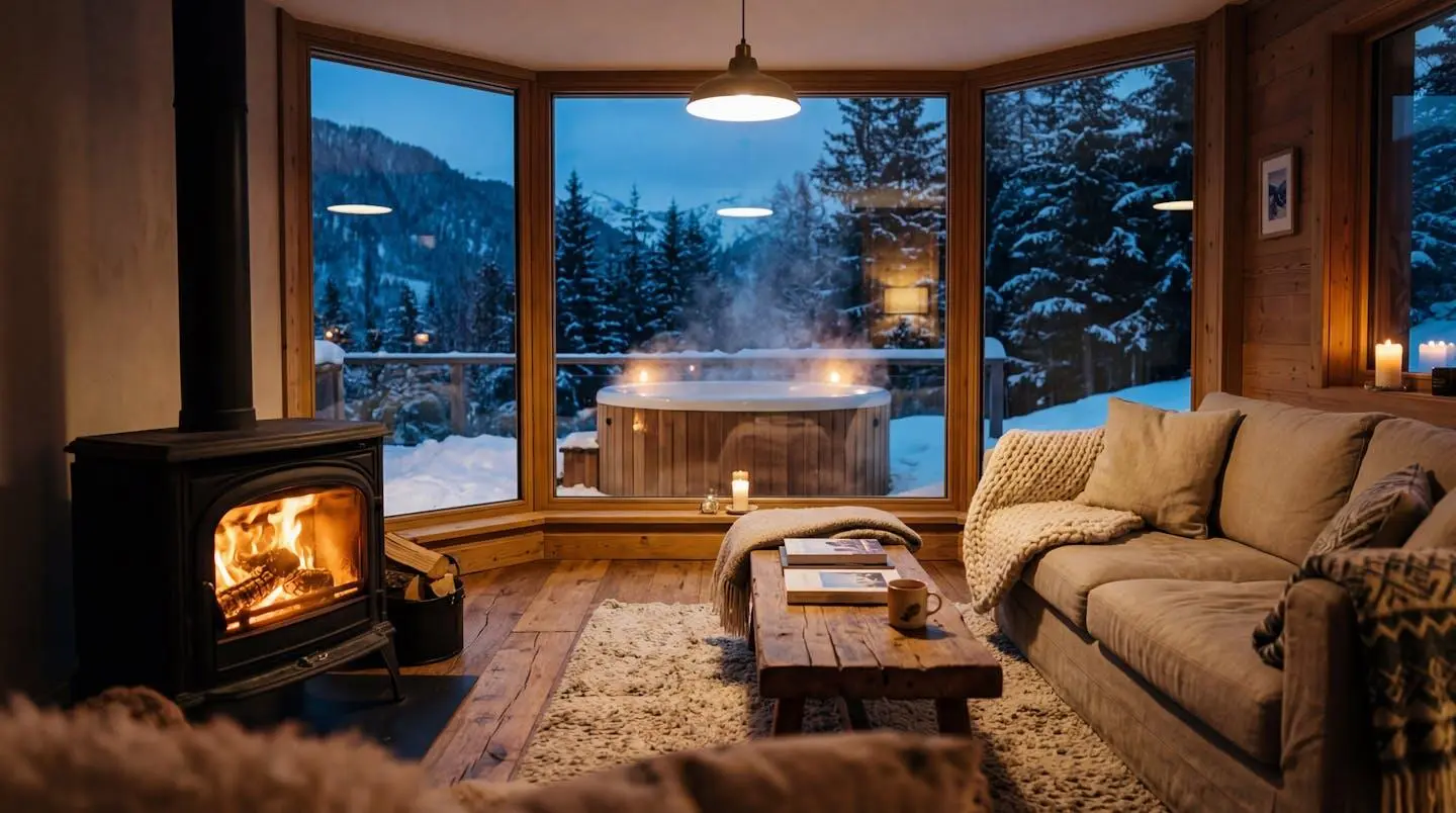 Intérieur chaleureux de chalet avec un poêle à bois allumé, un canapé confortable et une vue sur un jacuzzi extérieur à travers une large baie vitrée