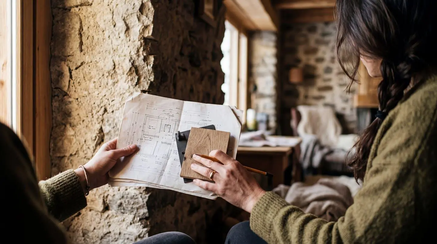 Des mains tiennent un plan de rénovation et des échantillons de matériaux devant un mur en pierre brute d'un chalet ancien